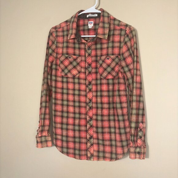 By Junkfood Red & Green Plaid Button Down Shirt with Peace Sign - Size S - Picture 1 of 11